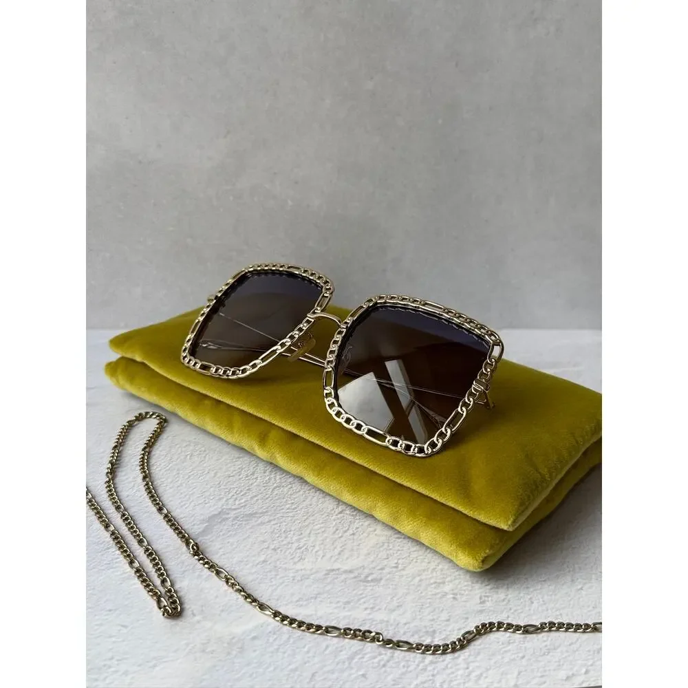 NEW Gucci GG1033S Oversized Gold Grey Lens Chain Sunglasses